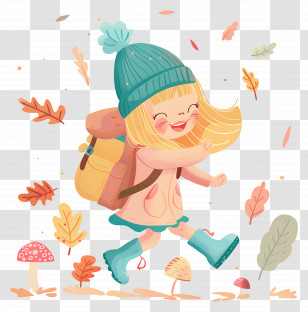 Autumn Background - Cartoon Girl In Autumn Outfit Surrounded By Leaves Transparent PNG
