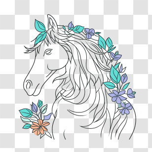 Unicorn - Floral Decorated Horse Sketch Illustration Transparent PNG