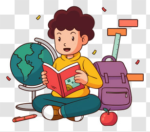 Cartoon Study - Child Reading Book With Globe And School Supplies Transparent PNG