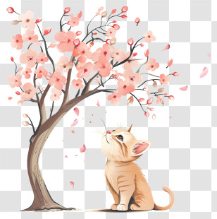 Cute Cat Under Tree - Kitten Gazing At Cherry Blossoms Transparent PNG
