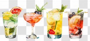 Watercolor Cocktail - Colorful Cocktail Glasses With Garnishes Transparent PNG