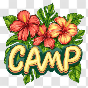 Camp - Tropical Hibiscus Flowers With Camp Text Transparent PNG