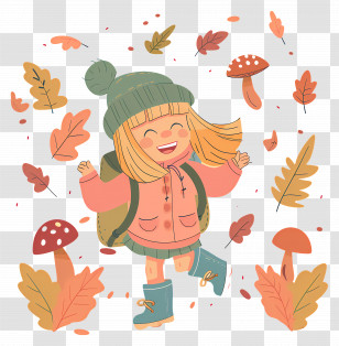 Autumn Background - Happy Girl Surrounded By Autumn Leaves And Mushrooms Transparent PNG