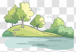Summer Park - Hill And Trees Beside A River Illustration Transparent PNG