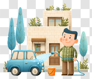 Cartoon Man Washing Car - Man Washing Blue Car Transparent PNG