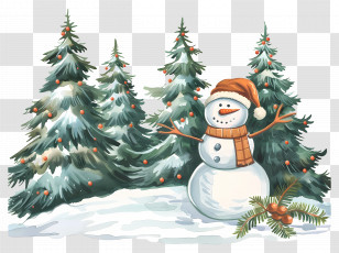 Christmas Scene - Snowman In A Christmas Tree Forest Transparent PNG