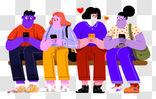 Scrolling Social Media - Four People On Bench Using Phones Transparent PNG