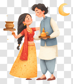 Karwa Chauth - Young Couple Offering Ritual Pots Transparent PNG