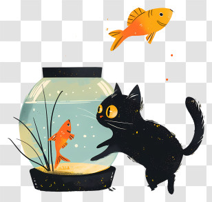 Cat With Fish Tank - Playful Black Cat And Goldfish Near Fishbowl Illustration Transparent PNG