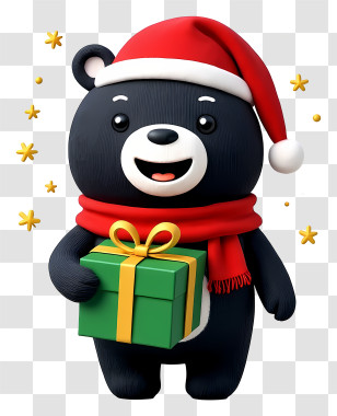 Bear Mascot Celebrating Christmas - Festive Black Bear With Gift Transparent PNG