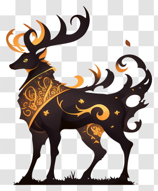 Reindeer Silhouette - Decorative Black Deer With Gold Patterns Transparent PNG