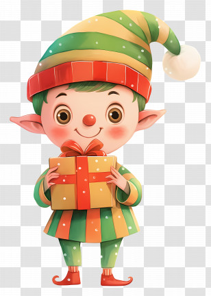 Christmas Elf - Adorable Smiling Elf Holding Gift Box Transparent PNG