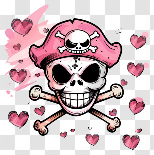 One Piece Jolly Roger - Whimsical Pink Pirate Skull With Hearts Illustration Transparent PNG