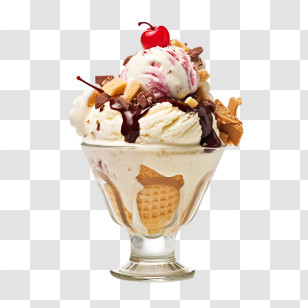 Sundae - Ice-Cream Sundae With Cherry And Chocolate Drizzle Transparent PNG