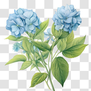 Hydrangea Flower - Beautiful Blue Hydrangea Flowers With Green Leaves Transparent PNG