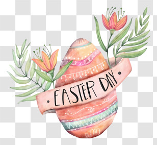 Watercolor Painting - Easter Egg With Flowers And Banner Transparent PNG