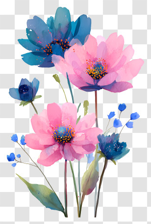 Pink And Blue Flowers - Colorful Watercolor Flowers Transparent PNG