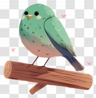 Kawaii Bird - Green Cartoon Bird Sitting On A Wooden Branch Transparent PNG