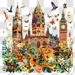 London Natural History Museum - Floral Cityscape Illustration Transparent PNG