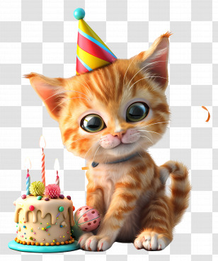 Animal - Cute Kitten In Party Hat With Birthday Cake Transparent PNG