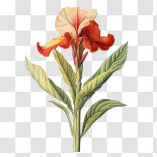 Canna Indica - Detailed Red And Yellow Flower Illustration With Green Stem Transparent PNG