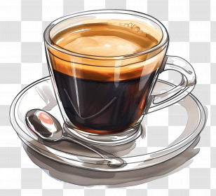Espresso Coffee - Glass Cup Of Espresso With Saucer And Spoon Transparent PNG