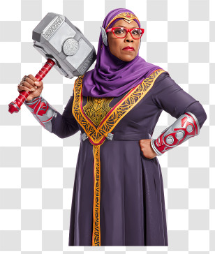 Confident Woman Holding Hammer - Heroic Woman In Purple Costume Holding Hammer Transparent PNG