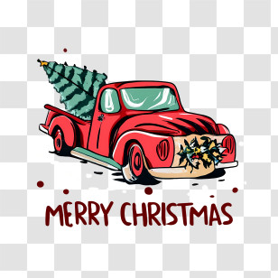 Merry Christmas - Red Truck With Christmas Tree And Greeting Transparent PNG