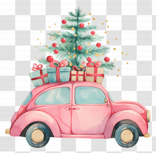 Christmas Car - Pink Car Carrying A Christmas Tree And Presents Transparent PNG