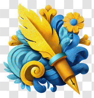 Essay - Golden Quill Pen With Blue Swirls Transparent PNG