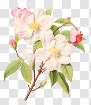 Apple Blossoms - White Floral Branch With Buds And Leaves Transparent PNG