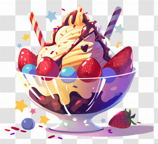 National Sundae Day - Delicious Dessert Bowl Of Ice Cream And Strawberries Transparent PNG