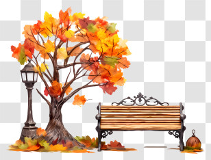 Park Scene - Illustration Of An Autumn Park With Bench And Lamp Post Transparent PNG