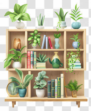 Bookcase - Bookshelves With Green Plants And Decor Transparent PNG