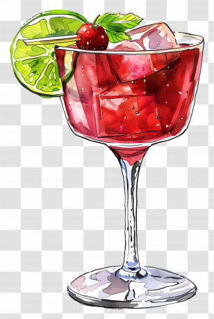 Cocktail - Red Cocktail With Lime And Cherry Illustration Transparent PNG