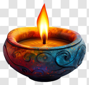 Diwali Lamp - Beautiful Diya With Festive Patterns And Burning Flame Transparent PNG