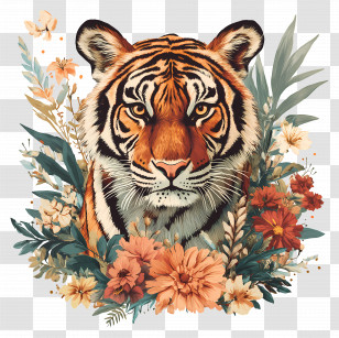 Retro Tiger - Tiger With Floral Background Transparent PNG