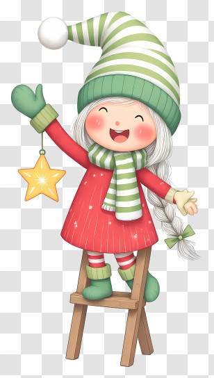 Christmas Gnome Decorating Christmas Tree - Girl In Green Hat Holding Star Transparent PNG