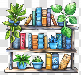 Shelf Furniture - Books And Plants On Wooden Shelves Transparent PNG