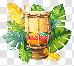 Wooden Drum - Tribal Drum With Vibrant Leaf Background Transparent PNG