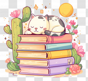 Cat Sleeping On Books - Cat Dreaming On A Stack Of Books With Cactus Backdrop Transparent PNG