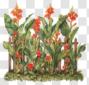 Canna Indica Flowers - Red Flowers And Green Leaves By A Wooden Fence Illustration Transparent PNG