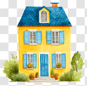 Watercolor House - Charming Yellow House With Blue Roof Transparent PNG