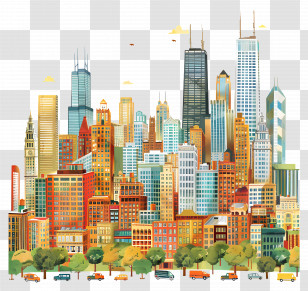 Chicago - Colorful City Skyline Illustration With Trees Transparent PNG