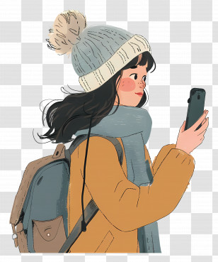 Girl In Winter Outfit - Cartoon Girl In Winter Clothing Using A Mobile Phone Transparent PNG