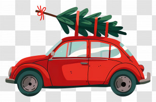 Christmas Tree On Car - Red Car Carrying A Christmas Tree Illustration Transparent PNG