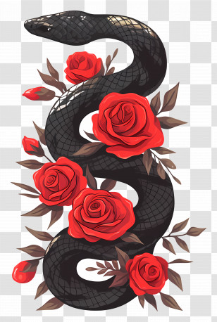 Sleeve Tattoo - Black Snake Entwined With Red Roses Transparent PNG