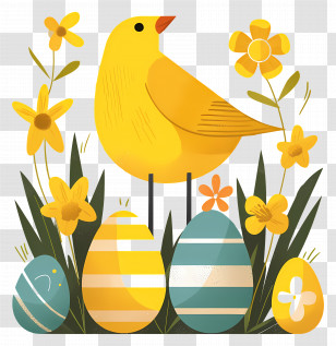 Easter Background - Yellow Bird With Flowers And Easter Eggs Transparent PNG