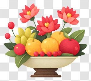 Vishu Kani - Colorful Fruit And Flower Bowl Illustration Transparent PNG