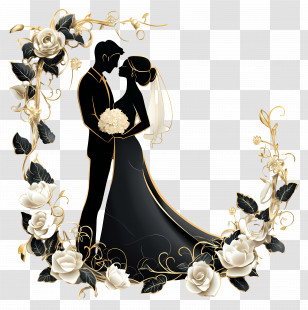 Black Couple Wedding - Silhouette Wedding Couple With Floral Frame Transparent PNG